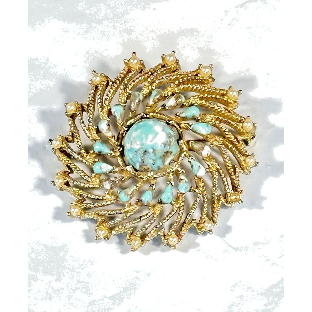 Flower Pinwheel Turquoise & Pearl Sarah Coventry HUGE Vintage Gold Brooch